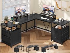 a computer desk with two monitors on top of it and other office furniture in the corner