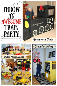 there is a collage of photos with different things in it and the words throw an awesome train party