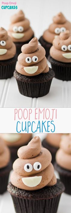 chocolate cupcakes with googly eyes on top and the words poop emoti cups above them