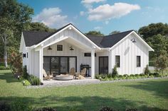 this is an artist's rendering of a house in the country style with white siding and black shingles