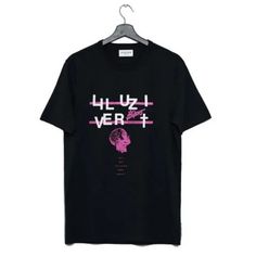 a black t - shirt with pink lettering on the front and back, that says huzl ver 4