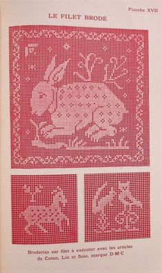 an old book with two pictures of cats in red and white cross - stitchs