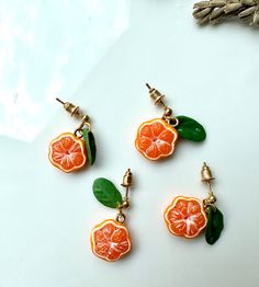 Mandarin Earrings Tangerine Jewelry Botanic Handcrafted - Etsy Clay Easy, Clay Fruit, Fern Earrings, Tropical Jewelry, Orange Jewelry, Page Instagram, Earrings Nature, Fruit Jewelry, Jewelry Real