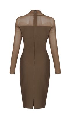 a women's dress with sheer sleeves and an open neckline, in brown