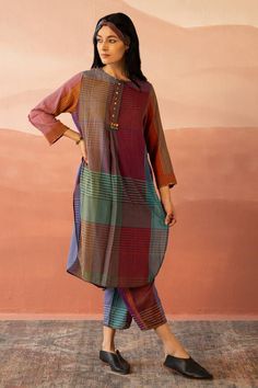 Multi-colored kurta with checkered and striped hand block print. - Aza Fashions Kurta For Women, Dyed Silk, Hand Block Print, Fashion App, Silk Dyeing, Yarn Dyeing, Aza Fashion, Three Quarter, Multi Colored