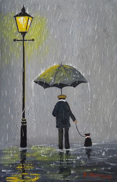 a painting of a man walking his dog in the rain with an umbrella