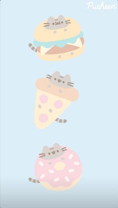 three donuts with cats on them and the words pushen 3 in front of them