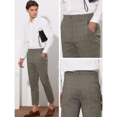 Lars Amadeus plaid cropped pants for men offer a contemporary take on traditional dress pants. These ankle-length pants feature a flat front and button closure, making them suitable for both casual and formal occasions. The plaid print adds a stylish touch, and they can be paired with a suit jacket for a fashion-forward ensemble. Made from a blend of 60% cotton, 36% viscose, and 4% spandex, these pants provide comfort and flexibility. Ideal for work, meetings, or social events, they are a versat Business Casual Plaid Cotton Bottoms, Plaid Dress Pants For Workwear, Plaid Cotton Bottoms For Business Casual, Plaid Pants With Welt Pockets For Business, Plaid Trousers For Business Casual, Plaid Tapered Leg Business Casual Pants, Business Casual Plaid Cotton Pants, Plaid Business Pants With Welt Pockets, Formal Plaid Trousers