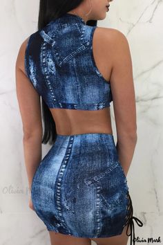 Olivia Mark - Stylish Sleeveless Two-Piece Set for Women in Blue Print Patchwork Design with Mandarin Collar Sleeveless Suit, Mandarin Collar, Dressed Down, Skirt Length, Two Pieces, Two Piece Skirt Set, Split, Two Piece, Lace Up