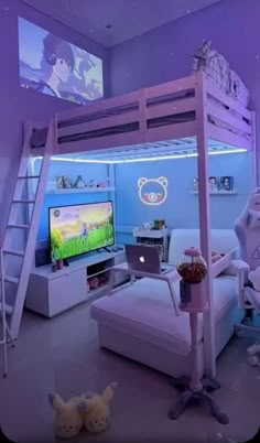 a child's bedroom with purple lighting and white furniture