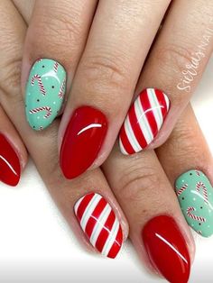 Funky Christmas Nails, Pastel Christmas Nails, Candy Cane Nail Designs, Christmas Lights Nails, Lights Nails, Candy Cane Nail, Fruit Nail Designs, Fab Nails