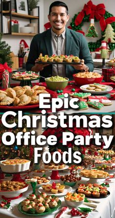 a man standing in front of a table filled with food and christmas decorations on it