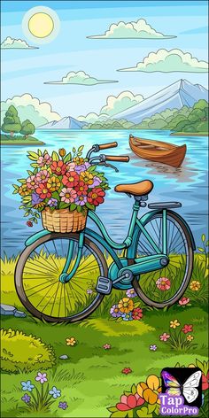 a painting of a blue bicycle with flowers in the basket and a boat on the water