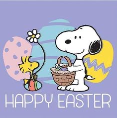 a cartoon snoopy holding an easter basket with the words happy easter written on it