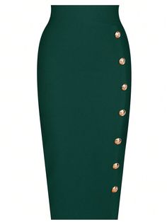 Simple Medium Length Skirt With Single Row Metal Button Dark Green Elegant   Knitted Fabric Plain Pencil High Stretch All Women Clothing, size features are:Bust: ,Length: ,Sleeve Length: Pencil Skirt Outfits Classy, Green Pencil Skirt, Diy Jewelry Making Tutorials, Plain Skirt, Clothes Pegs, Bodycon Midi Skirt, Bandage Skirt