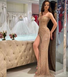 Sparkly Evening Dresses V Neck Sleeveless Sequins 3D Lace Sparkly Beaded Zipper Appliques Side Slit Evening Dresses Long Simple, Court Train Prom Dress, Side Split Prom Dress, Split Prom Dresses, Gold Evening Dresses, Simple Prom Dress, Sweetheart Prom Dress, Prom Dresses Sleeveless, Looks Party