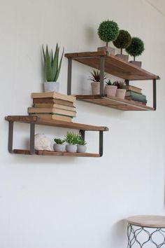 three wooden shelves with plants and books on them