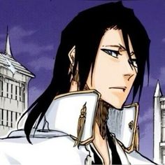 an anime character with long black hair in front of a cityscape and buildings