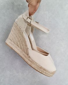 "Lace up, rope sole espadrille PUMP wedges with platform (8cm + 2cm heels = 3.94 inches) in IVORY COTTON, with reinforcement stitching in the front. Antislippery soles covered with rubber. The finishings in vegan leather. 🦋 VEGAN SHOES, animal friendly & sustainable. Eco friendly. Jute fiber has excellent insulating properties and low thermal conductivity. It is environmentally friendly, bio-degradable and recyclable. ♻ SUSTAINABLE PACKAGING, we try to avoid all plastic materials. Visit our com Beige High Heel Espadrilles For Spring, Beige Closed Toe Espadrille Heels, Chic Cream Espadrilles With Ankle Strap, Cream High Heel Espadrilles For Spring, Beige Closed Toe Espadrilles With Removable Insole, Cream Ankle Strap Espadrille Sandals, Closed Toe Platform Heels In Natural Color, Chic Beige High Heel Espadrilles, Natural Platform Heels With Closed Toe