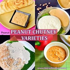 peanut chutney varieties in different bowls and plates