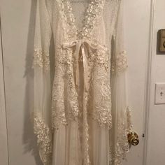 Beautiful Two Piece Night Dress Made In Turkey Elegant Cream Night Dress, Elegant Cream Dress For Night, Elegant Cream Dresses For Night Events, Spring Wedding Night Beige Nightgown, Spring Party Nightgown With Long Sleeves, Cream Wedding Robe For Spring, Elegant Cream Nightgown For Spring, Beige Long Sleeve Dress For Wedding Night, Elegant Beige Nightgown For Spring