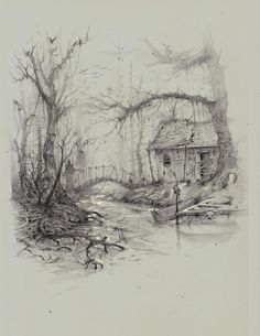 a pencil drawing of a cabin in the woods by a stream with birds flying over it