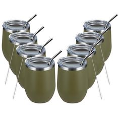 six olive green tumblers with stainless steel straws and lids are lined up against each other