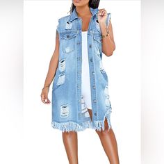 Brand New Womens Longline Distressed Denim Vest Nwt Great Accent Piece For The Spring Tattered Tassels Loose Fit Ripped Jacket, Chaleco Casual, White Denim Jacket, Jean Vest, Streetwear Casual, Fall Fabric, Turndown Collar, Denim Details, Ripped Denim