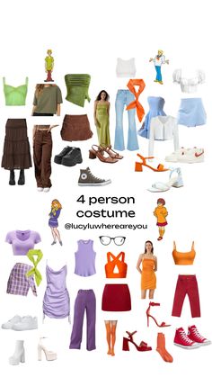 four different types of clothes and shoes are arranged in the shape of a circle with text that reads 4 person costume @ uglyliveverenyou