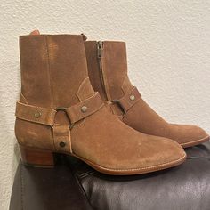 Saint Laurent Camel Suede Cowboy Style Boots. Size 43. Never Worn. No Box. Brown Suede Boots With Buckle Closure, Western Suede Chelsea Boots With Round Toe, Brown Suede Lined Ankle Moto Boots, Brown Moto Boots With Almond Toe, Brown Ankle-high Boots With Heel Loop, Brown Snip Toe Moto Boots With Suede Lining, Brown Round Toe Boots With Heel Loop, Brown Boots With Heel Loop And Round Toe, Brown Suede Moto Boots With Leather Lining