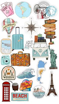 various travel stickers are shown on a white background