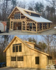 two pictures side by side of a barn with windows and sidings on the roof