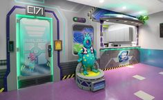 a cartoon character is standing next to a machine in a room with blue and purple walls