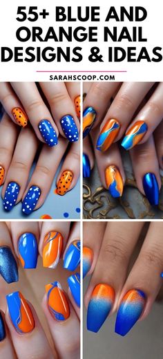 Get inspired by these vibrant blue and orange nail designs! 💅🧡💙 #nailinspo #blue #orange Blue Patriotic Nails, Orange Nails Ideas Fall, Nail Art Designs Orange, Navy And Orange Nails Design, Burnt Orange And Navy Nails, Blue And Orange Nail Art, Navy And Mustard Nails, Blue Nails With Orange Design, Dark Blue And Orange Nails