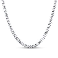 This solid Miami Cuban link chain necklace is styled in sterling silver. The 22-inch necklace fastens with a tongue clasp. White Gold Curb Chain Necklace, White Gold Cuban Link Necklace With Chunky Chain, Formal Silver Chain Cuban Link Necklace, Formal Silver Cuban Link Necklace, Classic Metal Cuban Link Necklace, White Gold Cuban Link Chunky Chain Necklace, White Gold Chunky Cuban Link Necklace, White Gold Cuban Link Necklace With Adjustable Chain, Classic Chunky Cuban Link Necklace