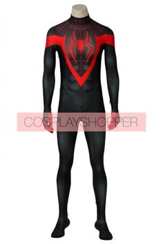 Spider-Man: Into the Spider-Verse Miles Morales / Spider-Man Cosplay Costume Red Fitted Cosplay Costume For Themed Events, Fitted Superhero Cosplay Costume For Fantasy Events, Themed Fitted Cosplay Costume For Comic-con, Fitted Themed Cosplay Costume For Comic-con, Fitted Black Cosplay Costume For Themed Events, Black Fitted Themed Costumes, Red Fitted Cosplay Costume For Comic-con, Red Themed Fitted Cosplay Costume, Superhero Cosplay Costume With Long Sleeves