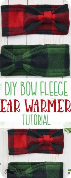 three plaid bow headbands with the words diy bow flee ear warmer