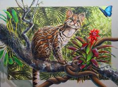 a painting of a cat sitting on a tree branch next to plants and a butterfly