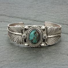 Beautiful Natural Turquoise Stone Inlay "C" Cuff Bracelet.  Antique Silver Plated. Nickel & Lead Free. 1.2″ Width Center.   30 grams weight Western Cuff Bracelet, Dark Heresy, Engraved Cuff, Navajo Style, Feather Bracelet, Metal Cuff Bracelet, Natural Turquoise Stone, School Jewelry, Feather Design