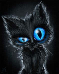 a painting of a black cat with blue eyes on it's face and dark background