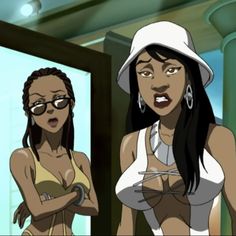 an animated image of two women in bikinis and hats standing next to each other