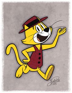 an image of a cartoon cat running with his mouth open and eyes wide open, wearing a top hat