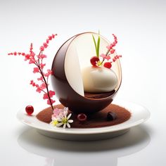 a plate topped with an egg covered in chocolate and garnished with red berries