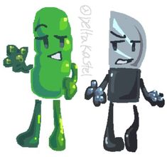 two cartoon characters one is green and the other is black, both have their hands together