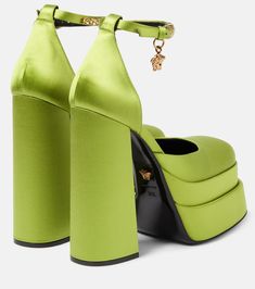 Medusa Aevitas satin platform pumps in green - Versace | Mytheresa Versace Heels Platform, Versace Platforms, Versace Medusa Platform Heels White, Versace Medusa Platform Pumps, Platform Heels Outfit, Luxury Green Platform Heels, Versace Pumps, Versace Heels, Versace Pink