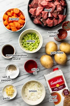 the ingredients for this meal include carrots, potatoes and meat