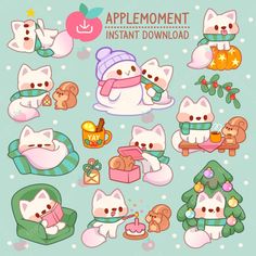 the cute cat stickers are all in different shapes and sizes, including one with an apple