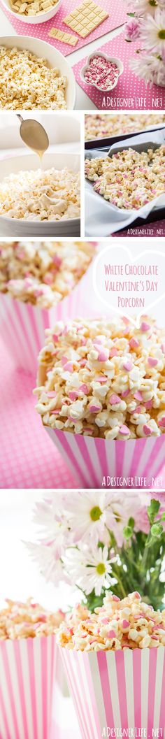 white chocolate valentine's day treats in pink and white striped paper cups with daisies