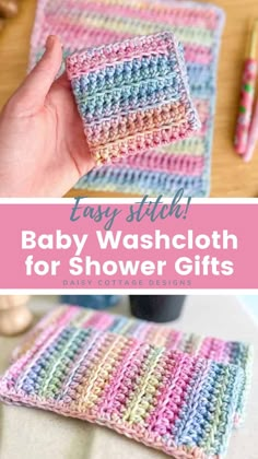 a crocheted baby washcloth with text overlay that says easy stitch baby washcloth for shower gifts