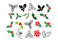 christmas holly and berry stickers are shown in black, red, and green colors